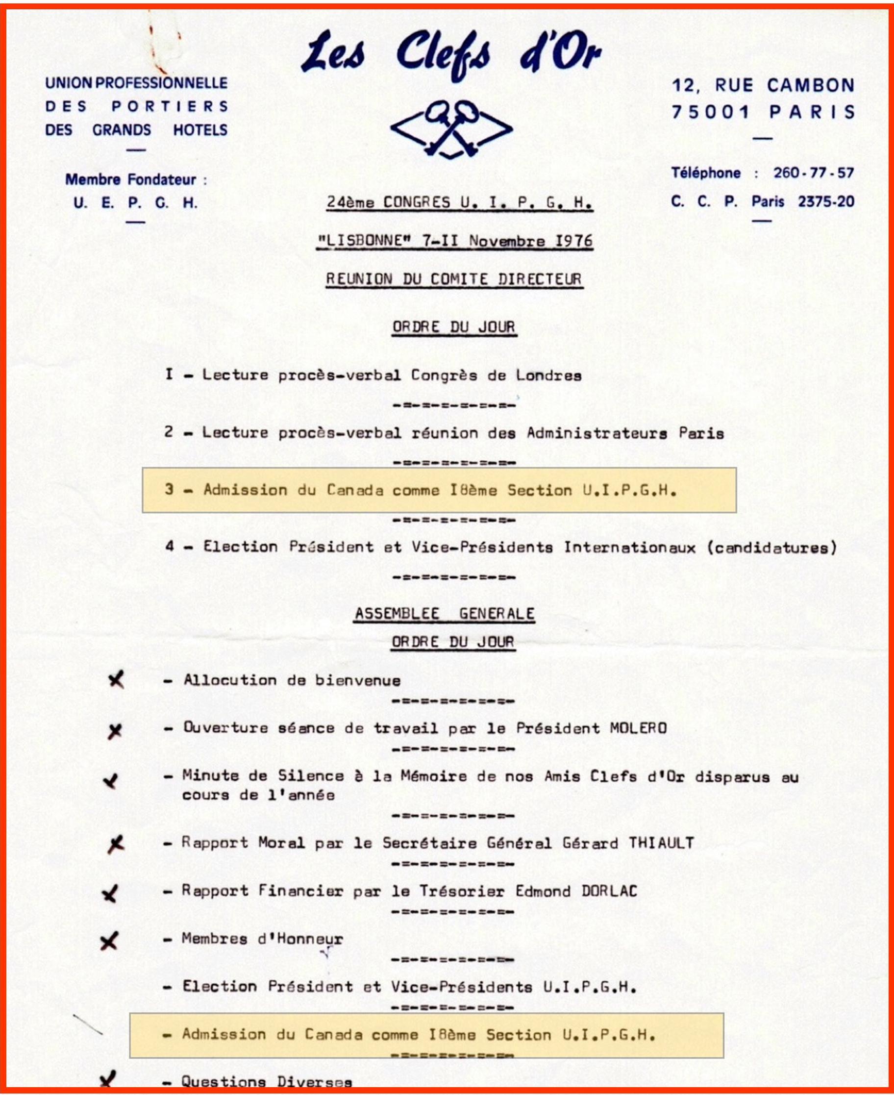 1976 Lisbonne - Ordre du jour