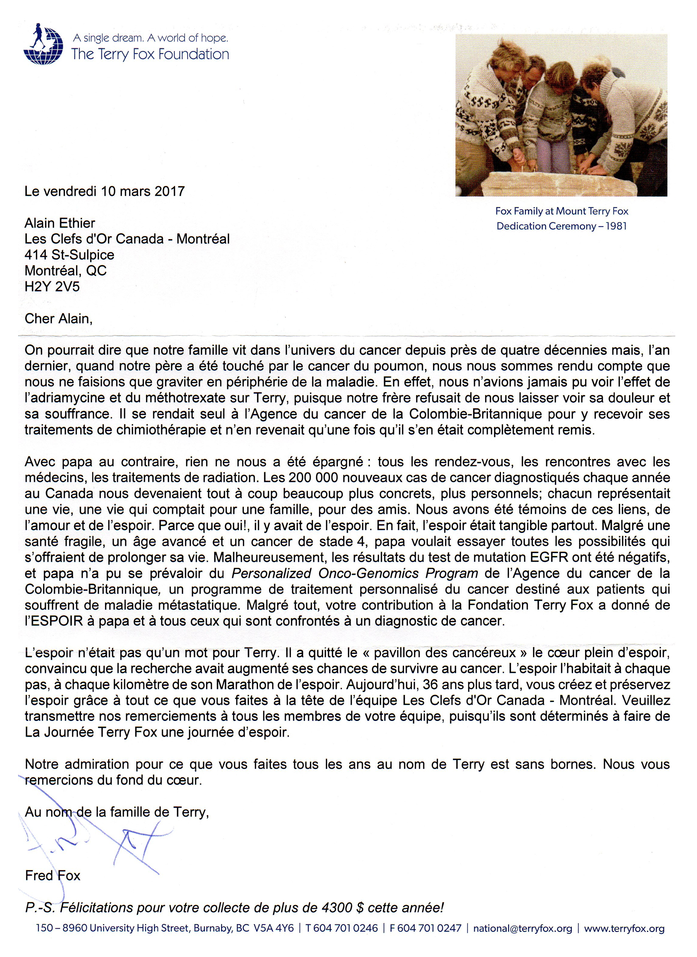Lettre Fondation Terry Fox 2017